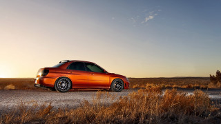 Car sunset field road photorealistic - golden hour free wallpaper
