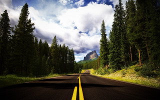 Mountain road trees lake sky - a yellow line free wallpaper