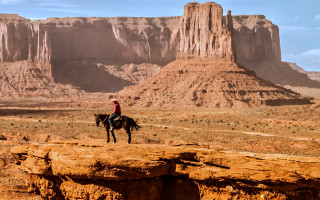 Desert horseman mountain canyon sunset - a man riding free wallpaper for desktop