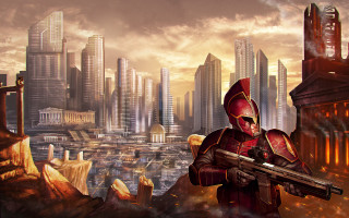 Red suit man cityscape futurism - a red suit holding free wallpaper