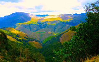 Mountain range trees clouds sunset - landscape free wallpaper
