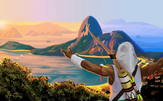Man bow and arrow mountains - game art free wallpaper for desktop