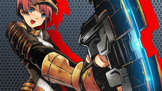 Woman gun pointing red blue - a red background behind her free wallpaper