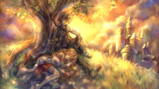 Forest castle couple hugging autumn - a storybook illustration free wallpaper