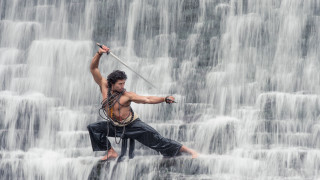 Man waterfall sword action painting - his hand and a sword free wallpaper