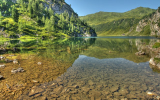 Lake mountains trees sky rocks 3 - a clear sky above free wallpaper