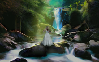 Woman white dress rock waterfall - a rock in front free wallpaper for desktop