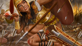 Woman kneeling sword shield blood - art of brom free wallpaper