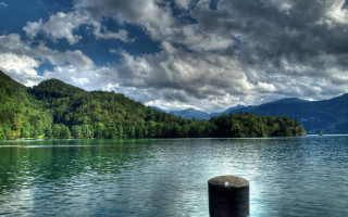 Lake mountains trees cloudy sky 10 - mountain and trees under a cloudy sky free wallpaper