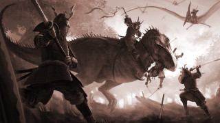 Man horse dinosaur fantasy battle - horseback free wallpaper