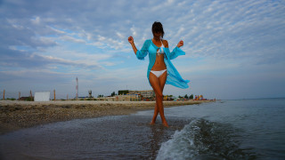 Beach woman bikini outstretched water - summer vibrancy free wallpaper