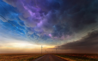 Road clouds lightning field trees - thunderstorm free wallpaper