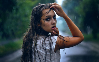 Woman rain wet hair blue 2 - wet hair free wallpaper