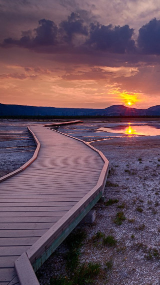 Wooden walkway lake sunset mountain - free summer wallpaper for mobile