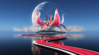 Futuristic red giant water car - a futuristic landscape free wallpaper