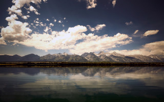 Lake mountains clouds sky reflection - matte painting free wallpaper