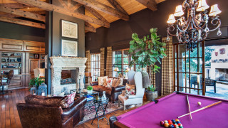 Pool table fireplace chandelier couch - colorful accent free wallpaper