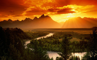 River forest mountains sunset rays - ansel adams free wallpaper for desktop