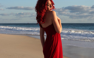 Woman red dress beach ocean 2 - daphne mcclure free wallpaper