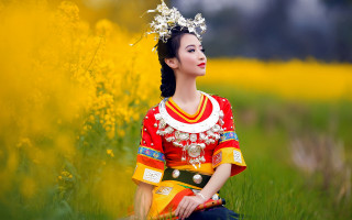 Woman red yellow dress flower - a field of flowers free wallpaper for desktop