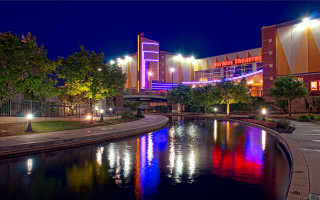 River city night lights bridge 3 - side and a building in the background free wallpaper