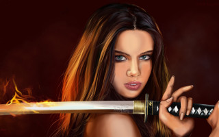 Woman holding flaming sword red - a red background behind her free wallpaper