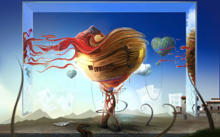 Surreal wooden structure red ribbon - art station free wallpaper