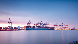 Large ship dock city skyline - dusk time free wallpaper