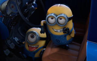 Minions couple sitting car steering - cute free wallpaper for desktop
