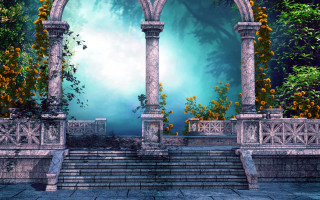 Steps forest orange flowers arch - a forest free wallpaper