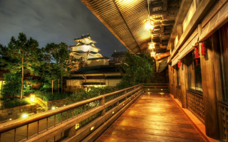 Wooden walkway cityscape eastasian architecture - eishōsai chōki free wallpaper