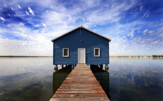 Blue house dock water mountain - free architecture wallpaper