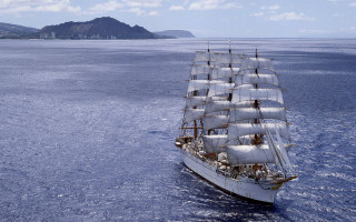 Large white ship ocean mountains - regionalism free wallpaper