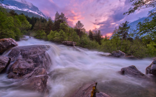 River waterfall rocks trees sunset - river free wallpaper