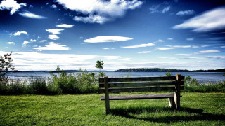 Wooden bench green lake sky - a lush green field next free wallpaper