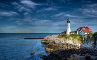 Lighthouse rockycliff ocean cloudy sky 2 - white cloud free wallpaper