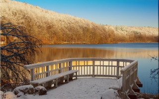 Snow bridge lake mountain forests - german romanticism free wallpaper