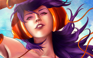 Woman headphones purplehair purpleeyes clouds - headphone free wallpaper