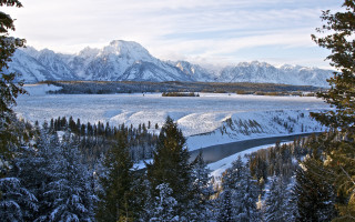 Snowy mountain range river forests - ansel adams free wallpaper