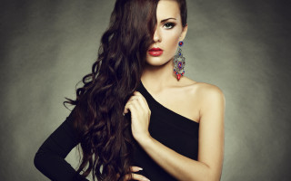 Woman blackdress longhair earing portrait - long black hair free wallpaper