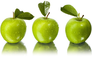 Three green apples leaves water - a green leaf free wallpaper