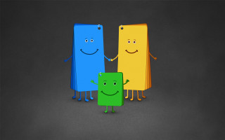 Colorful cellphones holding hands smiling - the others hand free wallpaper
