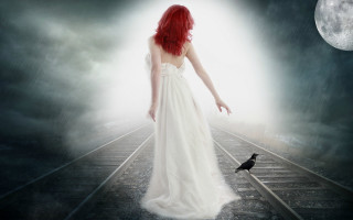 Woman white dress train tracks - dark fantasy art free wallpaper