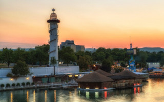 Lighthouse sunset harbor kitsch architecture - florence engelbach free wallpaper for desktop