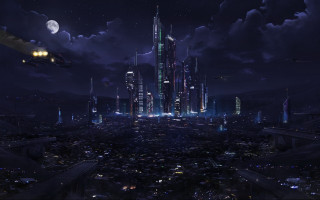 Futuristic city night helicopter moon - a full moon in the sky above free wallpaper for desktop