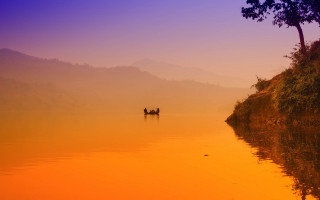Mystical waterboat sunset dusk mountain - dai xi free wallpaper for desktop