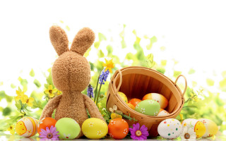 Stuffed rabbit basket eggs flowers - a basket of eggs free wallpaper