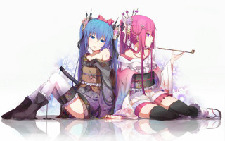 Anime girls sitting swords hatsune - one holding free wallpaper