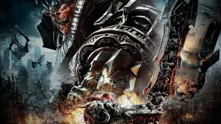 Giant robot fire city motorcycle - building and people free wallpaper