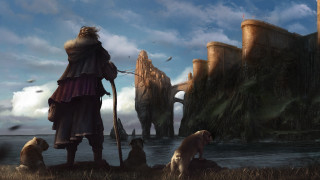 Man staff dogs castle lake - a staff free wallpaper
